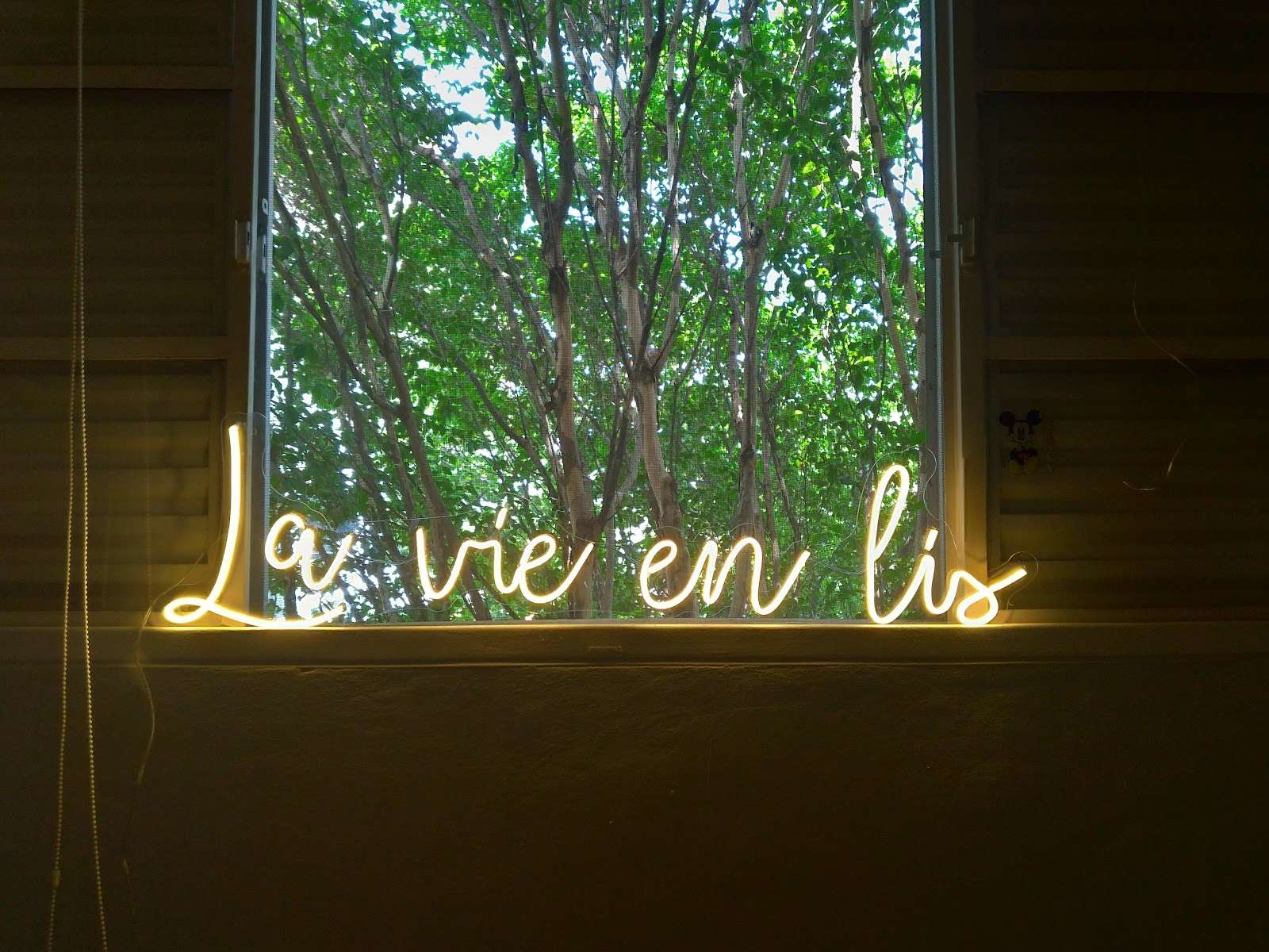 Neon branco cursivo em janela com árvores ao fundo