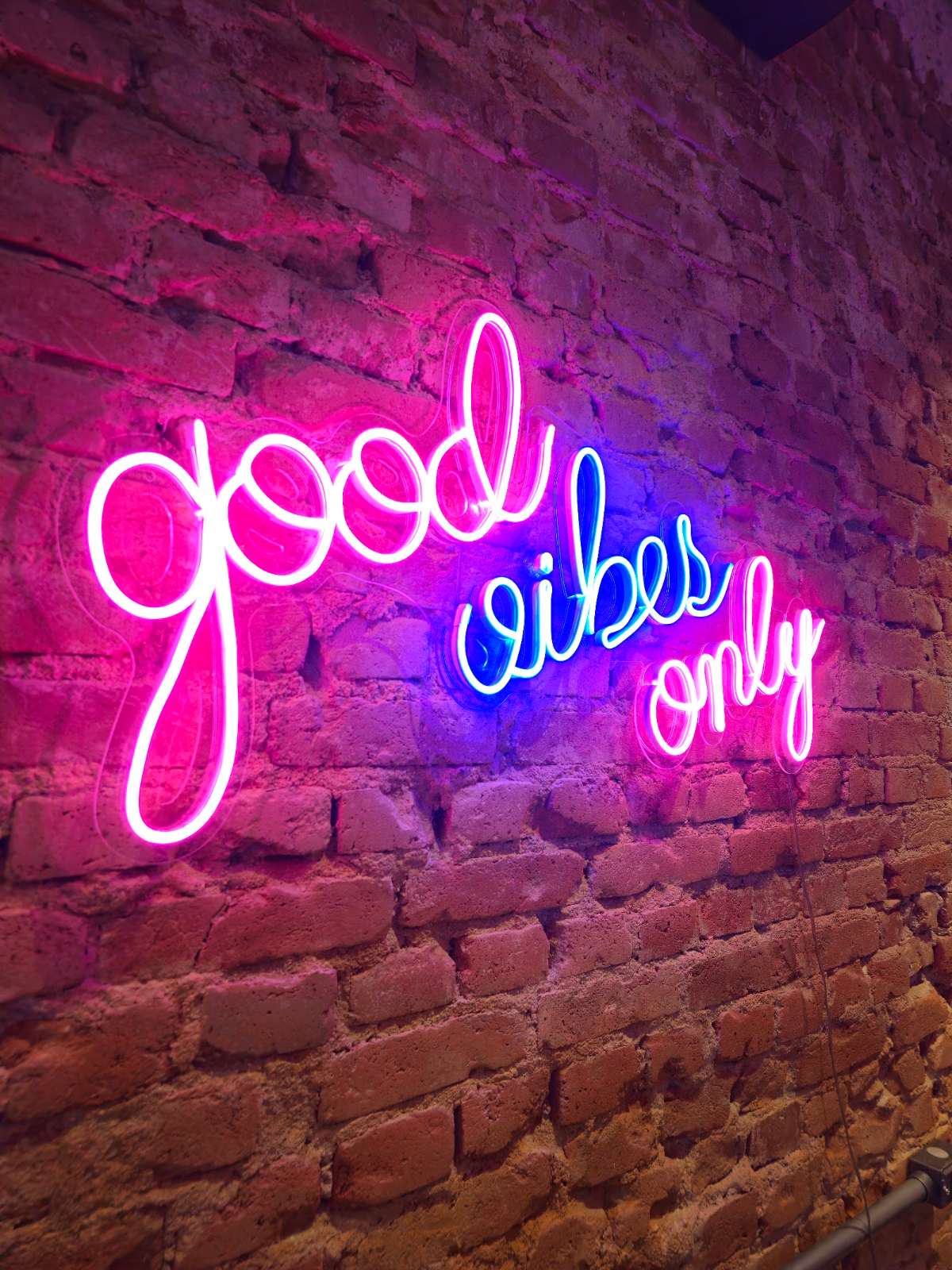 Neon branco com frase em parede de tijolo de bar